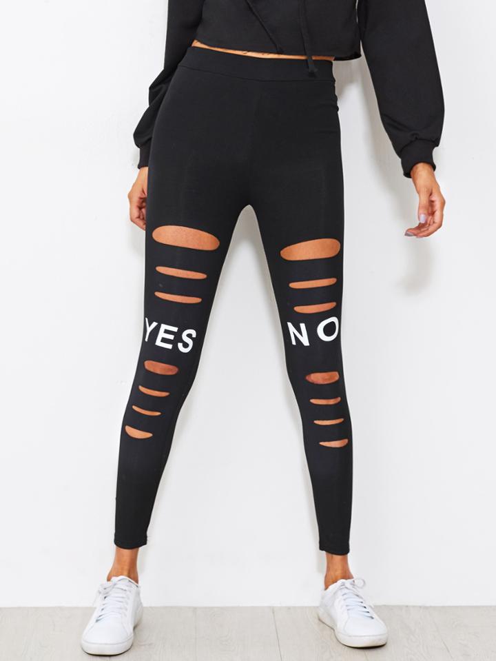 Romwe Letter Print Ripped Skinny Leggings