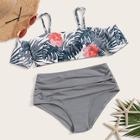 Romwe Random Tropical Short Sleeve Top With Ruched Bikini Set