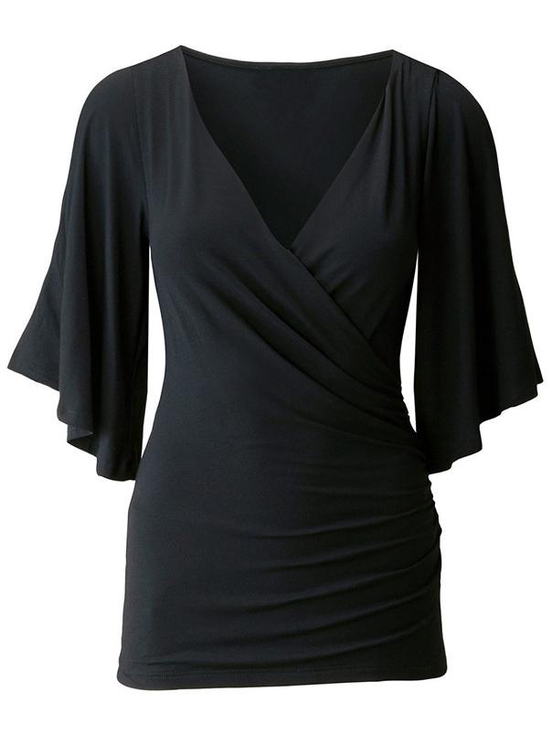 Romwe Deep V Neck Slit Black T-shirt