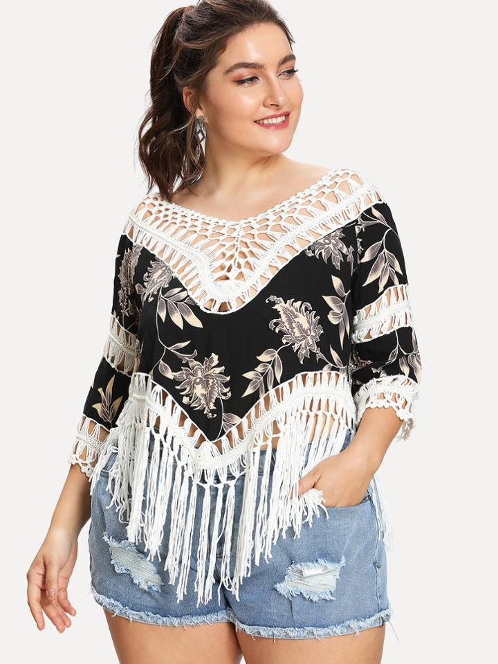 Romwe Floral Print Fringe Hem Cover Up