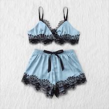 Romwe Lace Trim Satin Bralette Top & Shorts Pj Set