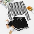 Romwe Off Shoulder Striped Ribbed Top With Shorts