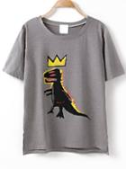 Romwe Dip Hem Dinosaur Print Grey T-shirt