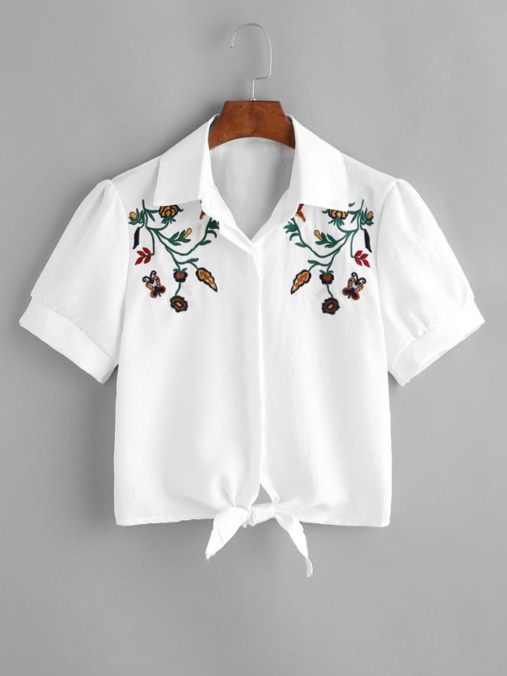 Romwe Tie Front Hidden Button Embroidered Crop Blouse