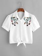 Romwe Tie Front Hidden Button Embroidered Crop Blouse