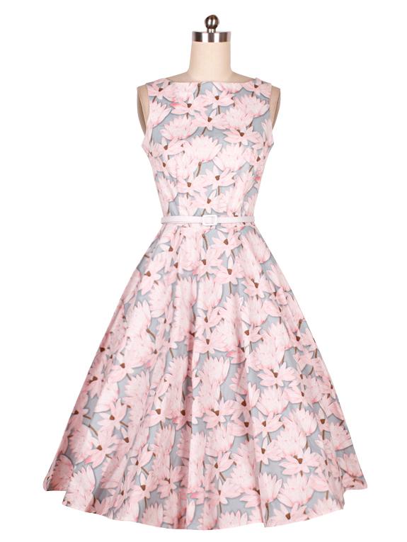 Romwe Lotus Print Flare Dress With Belt