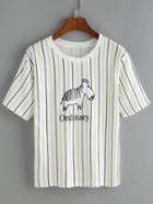 Romwe Vertical Striped Dog Print T-shirt