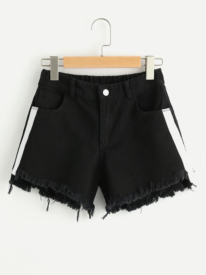 Romwe Side Striped Fray Hem Denim Shorts