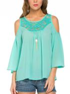 Romwe Green Bell Sleeve Lace Insert Chiffon Shirt
