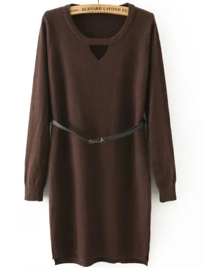 Romwe Dip Hem Split Side Cut Out Brown Sweater Dress