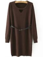 Romwe Dip Hem Split Side Cut Out Brown Sweater Dress