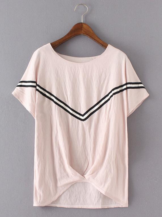Romwe Pink Stripe Trim High Low Blouse