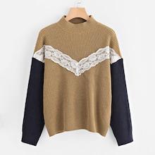 Romwe Lace Applique Contrast Sleeve Sweater