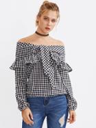 Romwe Bardot Knotted Frill Trim Gingham Top