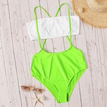 Romwe Neon Lime Criss Cross Suspender Two Piece Swimwear