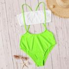Romwe Neon Lime Criss Cross Suspender Two Piece Swimwear