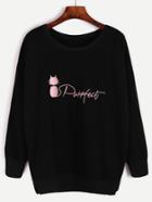 Romwe Black Cat And Letter Embroidered Sweatshirt