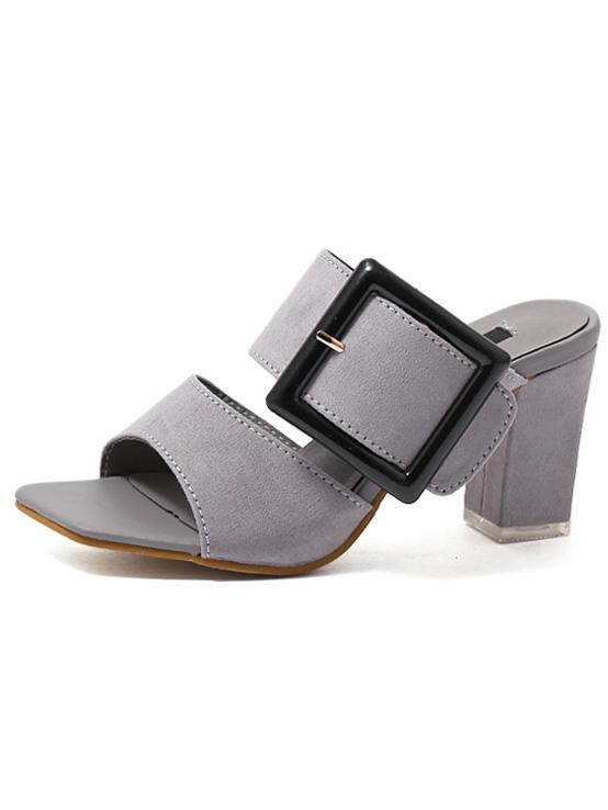 Romwe Gray Peep Toe Square Buckle Chunky Sandals