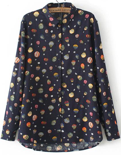 Romwe Balloon Print Dipped Hem Blouse