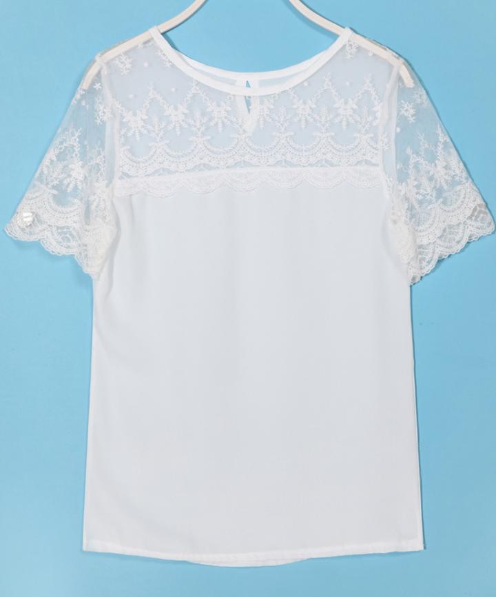 Romwe Short Sleeve Lace Insert Chiffon Blouse
