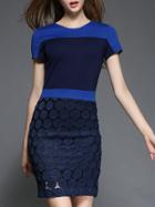Romwe Blue Round Neck Short Sleeve Contrast Lace Dress