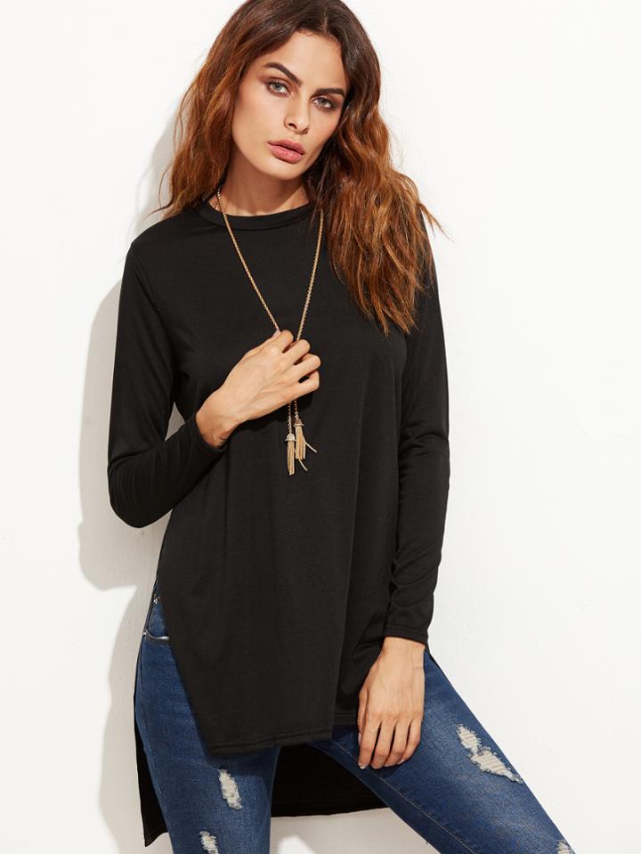 Romwe Black Slit Side High Low T-shirt
