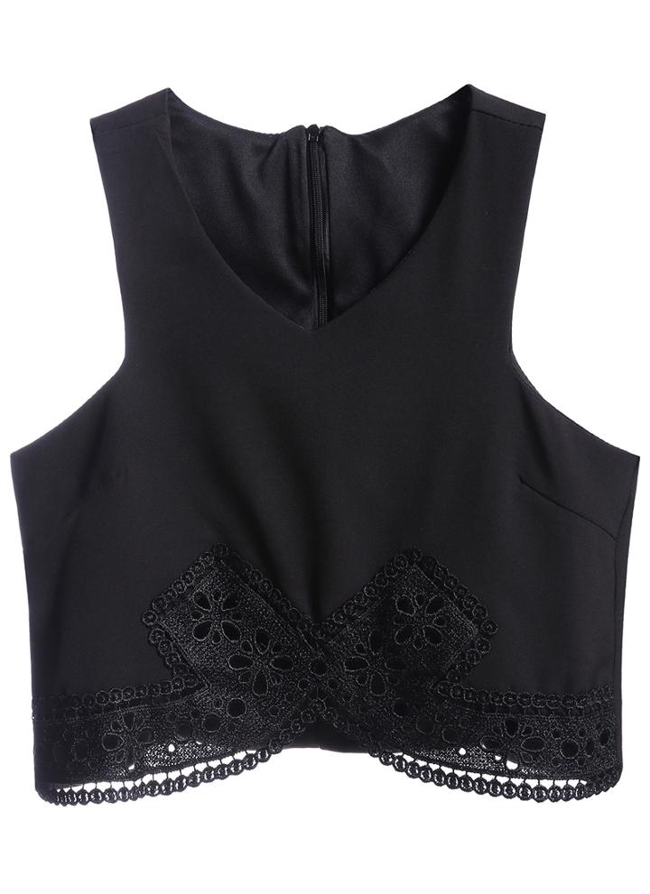 Romwe V Neck Sleeveless Lace Crop Black Vest