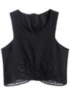Romwe V Neck Sleeveless Lace Crop Black Vest