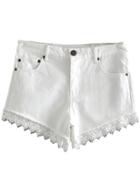 Romwe White Pockets Lace Trim Ripped Hole Denim Shorts