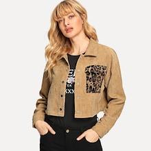 Romwe Leopard Flap Pocket Front Corduroy Utility Jacket