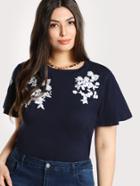 Romwe Flower Embroidered T-shirt