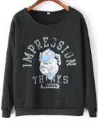 Romwe Dog Impression Print Black Sweatshirt