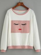 Romwe White Contrast Trim Smile Face Embroidered Patch Sweatshirt