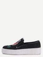 Romwe Black Embroidered Rubber Sole Denim Sneakers