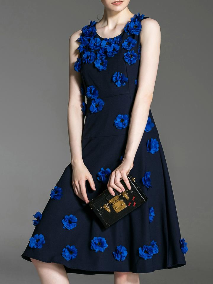 Romwe Navy Flowers Applique A-line Dress