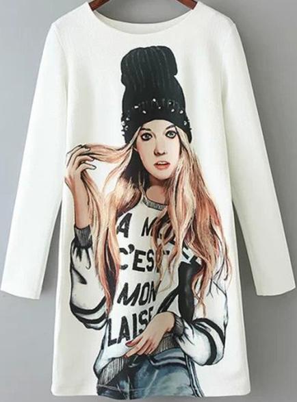 Romwe White Long Sleeve Bead Beauty Print Dress