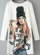 Romwe White Long Sleeve Bead Beauty Print Dress