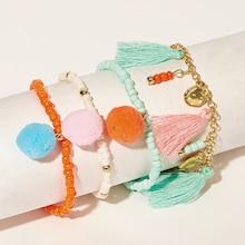 Romwe Tassel & Pom-pom Pendant Beaded Bracelet 4pcs