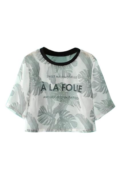 Romwe Leaves And Letters Print Midriff Blouse