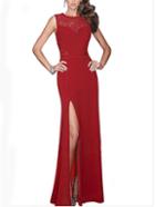 Romwe Lace Insert High Slit Maxi Dress - Red