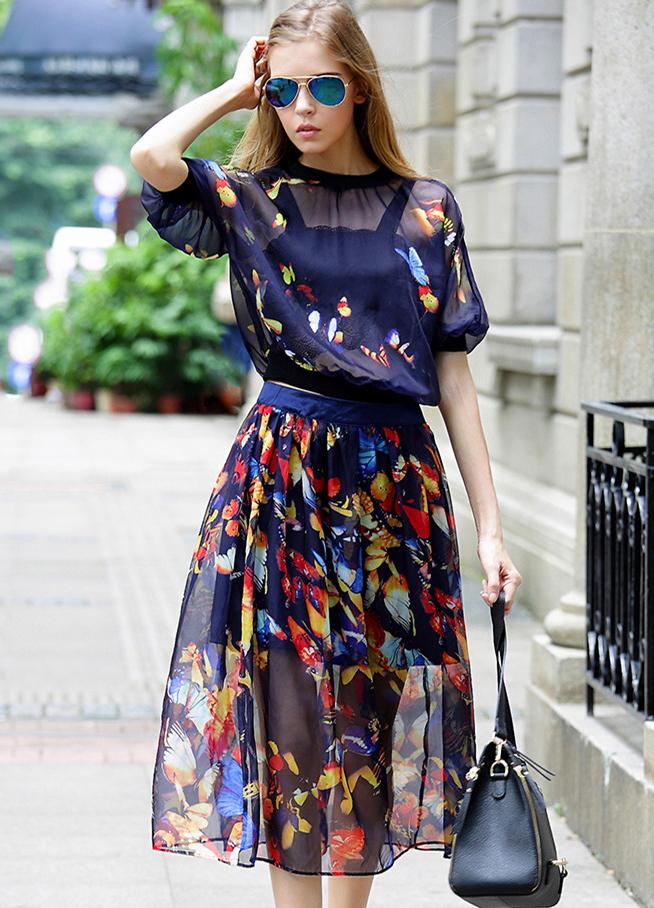 Romwe Blue Batwing Sleeve Floral Chiffon Top With Skirt