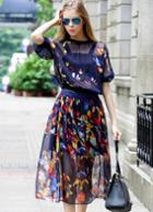 Romwe Blue Batwing Sleeve Floral Chiffon Top With Skirt