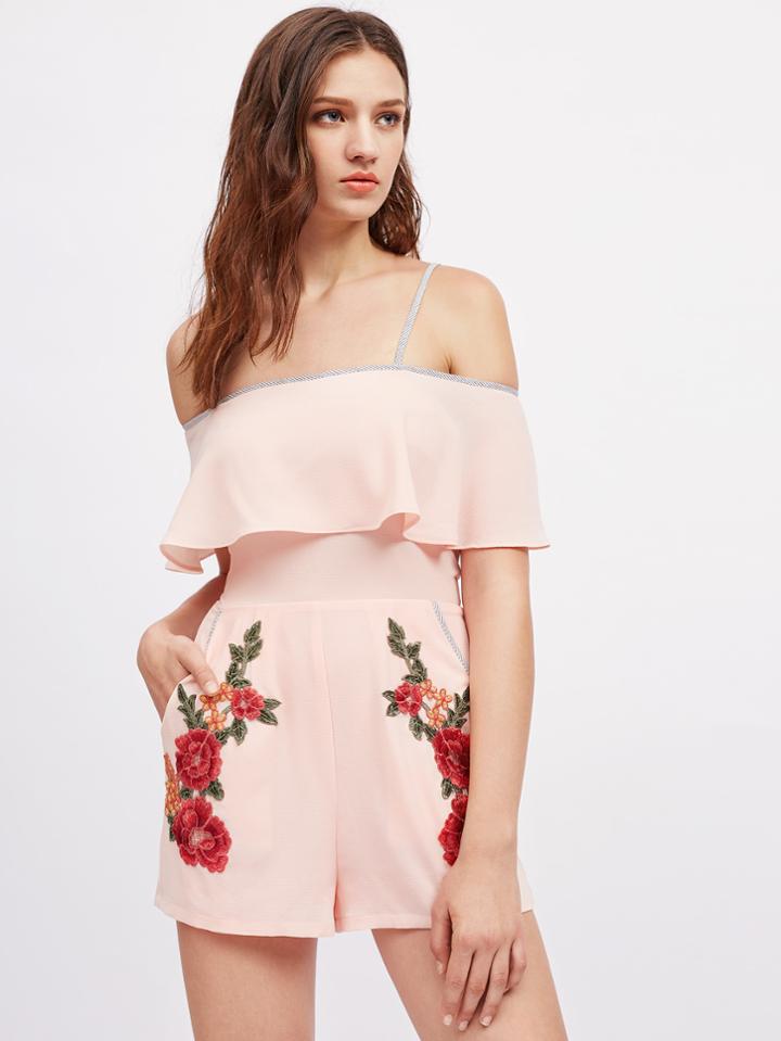 Romwe Striped Binding Crossover Back Flower Patch Flounce Romper