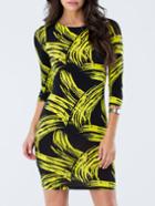Romwe Abstract Print Bodycon Black Yellow Dress
