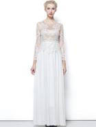 Romwe White Round Neck Long Sleeve Contrast Gauze Lace Dress