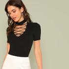 Romwe Crisscross Choker Neck Ribbed Tee
