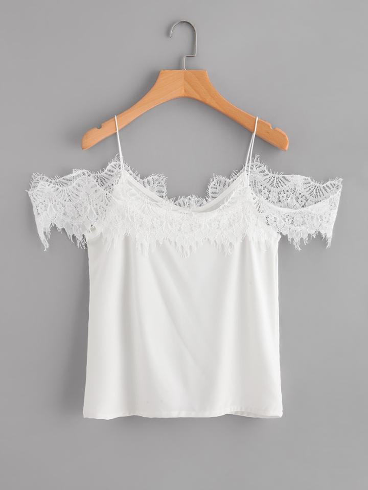 Romwe Open Shoulder Lace Trim Top