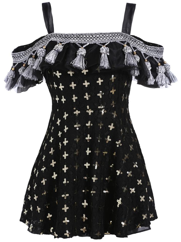 Romwe Off The Shoulder With Sequined Tassel Dress