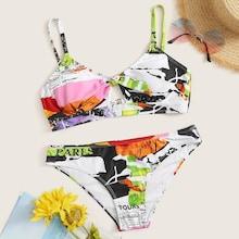 Romwe Random Graphic Knot Front Thin Strap Bikini Set