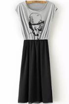 Romwe Beauty Print Pleated Grey Dress